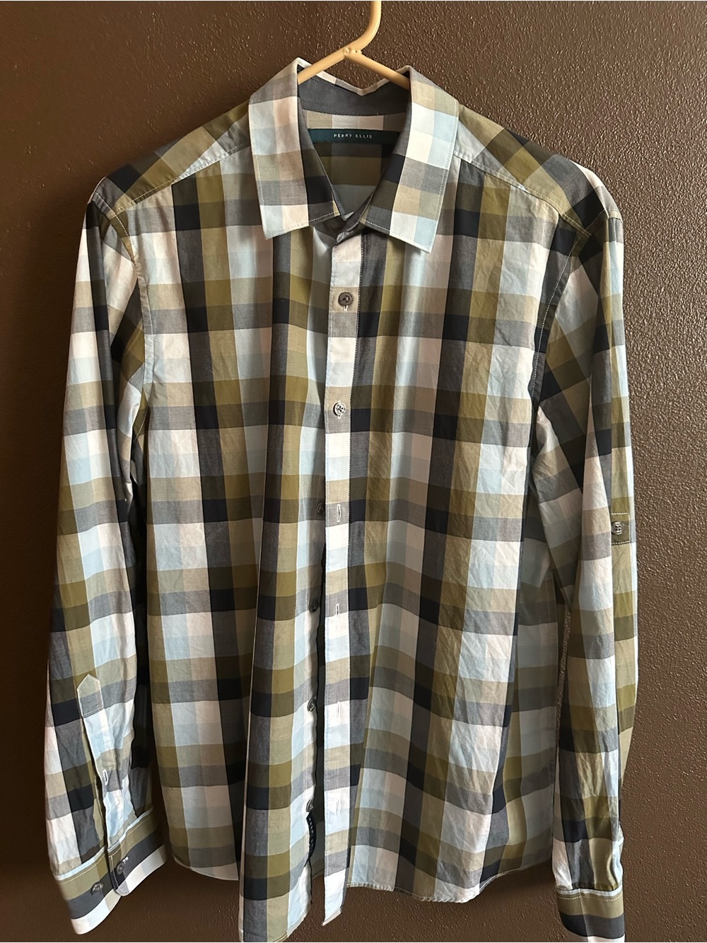 Perry Ellis Olive, White & Gray Plaid Button-Down Shirt